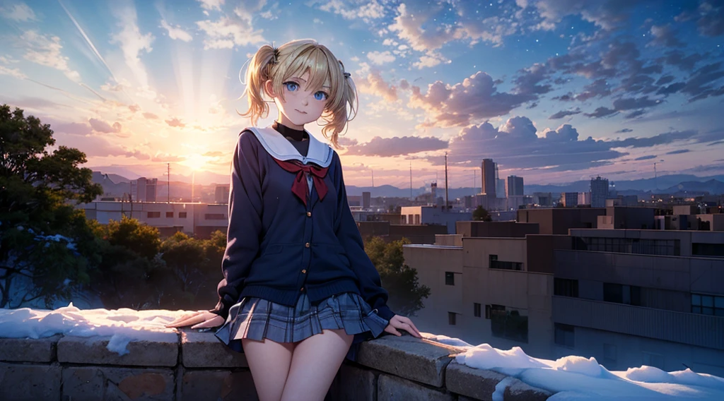 fullnude, masutepiece,8K,octans, Skysky, stele(Skysky), landscapes, starrysky, natta, looks at the camera, (Legs without stockings:1.iercing gaze, nigh sky, report, plein air, built, clouds, milkyway, City, silhuette, Cityscape,(Short, Low twin-tailed blonde hair:1.2), (Deep Blue Eyes:1.3, piercing gaze, small smile, (winter school uniform:1.1)