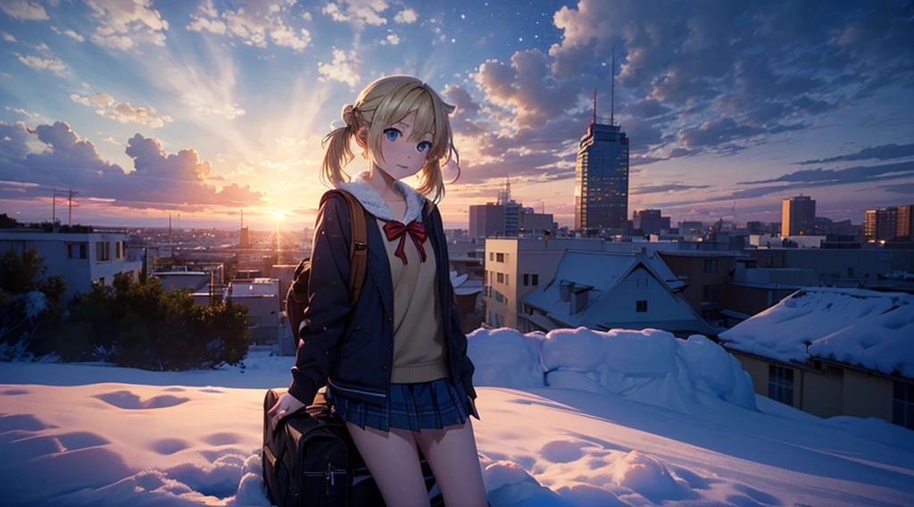 fullnude, masutepiece,8K,octans, Skysky, stele(Skysky), landscapes, starrysky, natta, looks at the camera, (Legs without stockings:1.iercing gaze, nigh sky, report, plein air, built, clouds, milkyway, City, silhuette, Cityscape,(Short, Low twin-tailed blonde hair:1.2), (Deep Blue Eyes:1.3, piercing gaze, small smile, (winter school uniform:1.1)