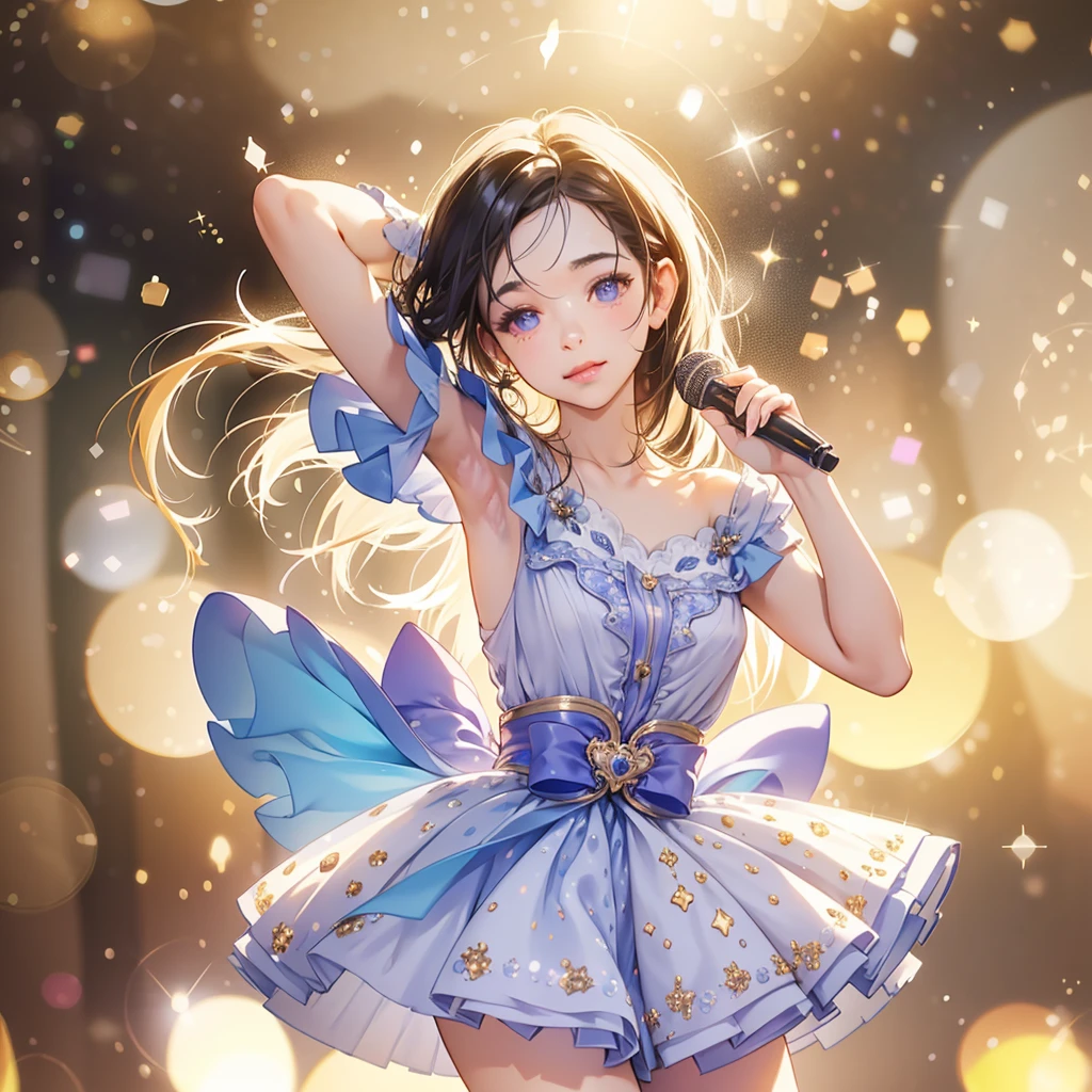 Colorful music stage, Beautiful idols, Idol costumes, Beautiful faces, Beautiful legs, Colorful colors, Detailed background, Beautiful singing voice, Fantastic atmosphere, High quality, 8K Ultra HD, 3D effect, Animation style digital illustration, Soft cartoon style, 3D effect, Luminism, 3D rendering, Octane Rendering, Isometric, Full Color, Delicate Anime Character Expressions, Whimsical Lighting, Captivating Atmosphere, Soft Textures, Imaginative Artwork, Mysterious Glow, Silent Luminescence, Sparkling Stars, Vivid Background, Full Length, (((Rule of Thirds))), High Quality Description: (Bokeh: 2), High Detail, High Resolution, (Bokeh: 2), Backlight, Long Exposure: 2, mini-skirt, Emphasis on the armpit and clavicle