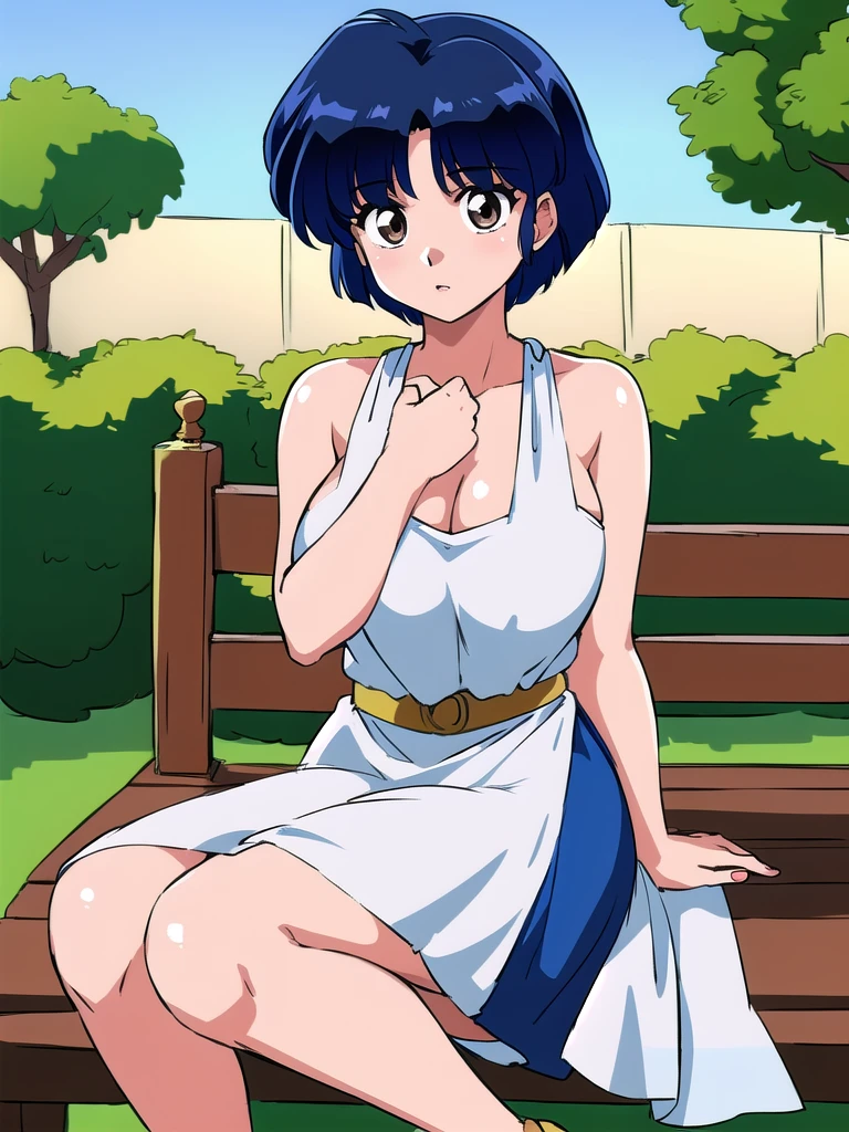 HDR, CG, sharp focus, (8k), (4k), masterpiece, best quality, detailed skin, extremely detailed, hiper detailed, sharp focus, looking at viewer, high quality, AKANE, Akane tendou, short hair, blue hair, brown eyes ,curtain pelvic DRESS, tetas grandes bush, solo, 1girl, sit on bench, park background, hands on chest, heels, white dress,
