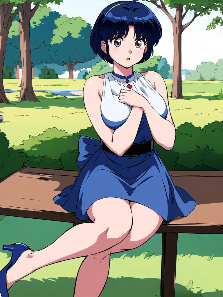 HDR, CG, sharp focus, (8k), (4k), masterpiece, best quality, detailed skin, extremely detailed, hiper detailed, sharp focus, looking at viewer, high quality, AKANE, Akane tendou, short hair, blue hair, brown eyes ,curtain pelvic DRESS, tetas grandes bush, solo, 1girl, sit on bench, park background, hands on chest, heels, white dress,
