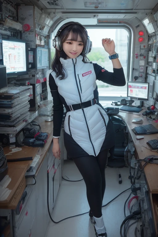 masterpiece, highest quality, Very detailed, 8K Portrait,Japanese Android Girl,plump , Control panel,Robotic arms and legs, Blunt bangs,,break (Metallic Gray, Metallic luster, Mirror finish, Astro Best):5,headphone:5,break (Black sleeves):100,Smart Watches,Futuristic space station,Control Room,break headphone,blue eyes,(Black Hair):2,(Long Hair):1.3,Displaying the viewer,(respirator),break blush:3,Hidden Hand,smile