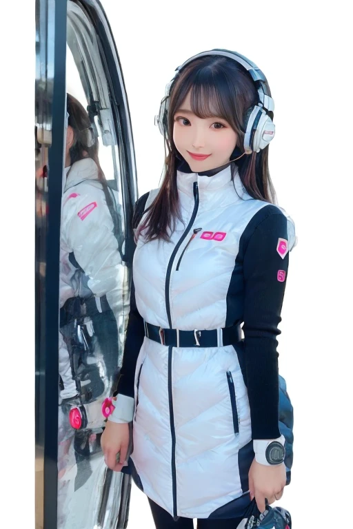 masterpiece, highest quality, Very detailed, 8K Portrait,Japanese Android Girl,plump , Control panel,Robotic arms and legs, Blunt bangs,,break (Metallic Gray, Metallic luster, Mirror finish, Astro Best):5,headphone:5,break (Black sleeves):100,Smart Watches,Futuristic space station,Control Room,break headphone,blue eyes,(Black Hair):2,(Long Hair):1.3,Displaying the viewer,(respirator),break blush:3,Hidden Hand,smile