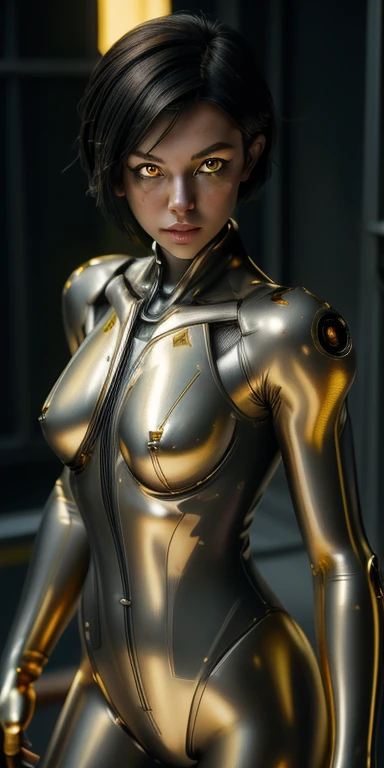 1 girl, solo, (look at viewer), ((Best quality)), ((masterpiece)), (detailed:1.4), ((upper body)), 3D, an image of a beautiful cyberpunk female,HDR (High Dynamic Range), Ray Tracing,NVIDIA RTX,Super-Resolution,Unreal 5,Subsurface scattering,PBR Texturing,Post-processing,Anisotropic Filtering,Depth-of-field,Maximum clarity and sharpness,Multi-layered textures,Albedo and Specular maps,Surface shading,Accurate simulation of light-material interaction,Perfect proportions,Octane Render,Two-tone lighting,Wide aperture,Low ISO,White balance,Rule of thirds,8K RAW, (((yellow eyes))), (((liquid metal black short hair))), AlexTS, (dark skin:1.2), yellow eyes, black hair, short hair, medium breasts, yellow bodysuit, belt, (( gold amor))
