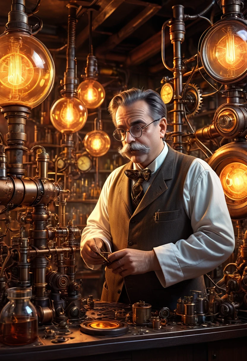 "A mad scientist in his lab, extravagant equipment, tubes and gears, potions, inspired by steampunk and H.G. Wells, warm amber light, chaotic atmosphere, super high resolution, UHD, HDR, highly detailed, f-stop 2, 35mm lens, ray tracing render, high fidelity"