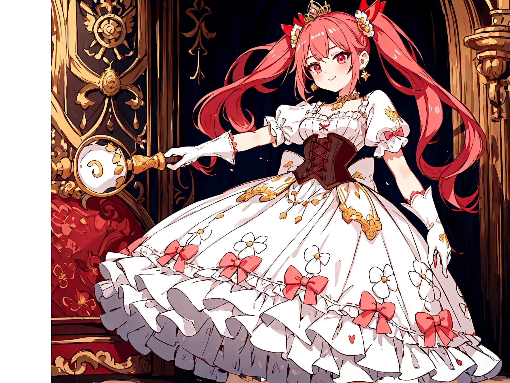 (best quality,4k,8k,highres,masterpiece:1.2),ultra-detailed, Pretty princess, drawn in anime style, is cute and happy, long red pigtails hair, pink eyes, small breast, makeup and lipstick, steampunk, red and white ball gown with puffy sleeves, physically-based rendering,gorgeous frilly dress design,flowing gown,elaborate lace details,rich textures,contrast stitching,delicate ribbon bows,floral accents, daisy flowers embroidery, full skirt,short sleeves,fitted waistline,flared cuffs,lace-up back,luxurious fabrics,flawless silhouette, petticoat, bloomers, bustle, corset, hair ribbons, white elbow gloves, ruby earrings and necklace, gold tiara, high heels, holding a fire magic wand, standing in castle bedroom, highly detailed, 4K.