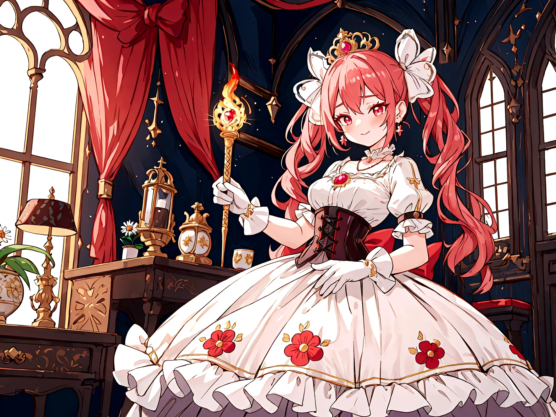 (best quality,4k,8k,highres,masterpiece:1.2),ultra-detailed, Pretty  princess, drawn in anime style, is cute and happy, long red pigtails hair, pink eyes, small breast, makeup and lipstick, steampunk, red and white ball gown with puffy sleeves, physically-based rendering,gorgeous frilly dress design,flowing gown,elaborate lace details,rich textures,contrast stitching,delicate ribbon bows,floral accents, daisy flowers embroidery, full skirt,short sleeves,fitted waistline,flared cuffs,lace-up back,luxurious fabrics,flawless silhouette, petticoat, bloomers, bustle, corset, hair ribbons, white elbow gloves, ruby earrings and necklace, gold tiara, high heels, holding a fire magic wand, standing in castle bedroom, highly detailed, 4K.