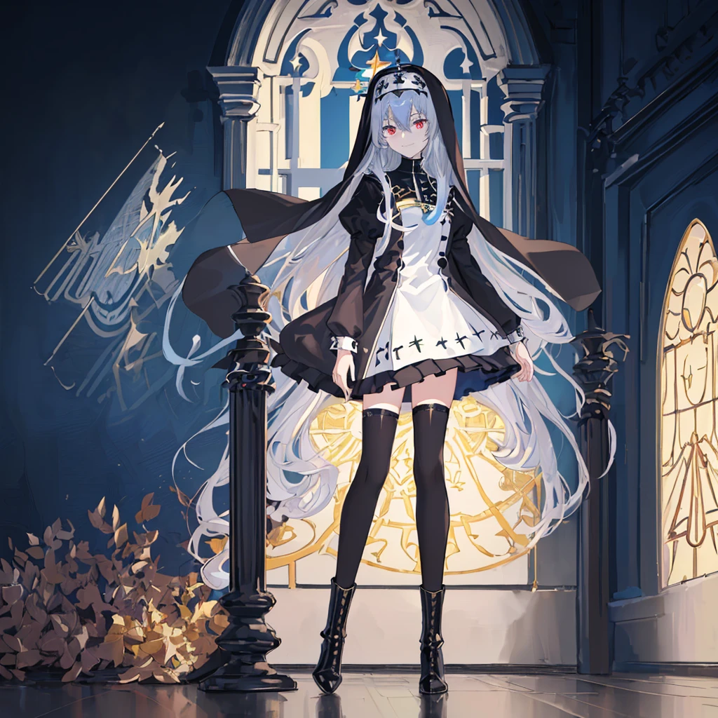[(cathedral background:1.4)::5],Original,(Illustration:1.1),(Best Quality),(masutepiece:1.1),(the Extremely Detailed CG Unity 8K Wallpapers:1.1), (Colorful:0.9),(mid-shot:0.95),(Full body:1.5),Dynamic Angle,(Solo:1.2), (girl),(((Adult))), (Detailed beautiful eyes:1.15), (Beautiful face:1.15), (Glowing black eyes:1.25////),(Blue Long Hair),(nun headdress),(+perfect hand+:1.21),(Draw an illustration of a Holy Knight Wizard),(Religious),(slender),(she has boots on her feet),((I'm wearing black knee-high socks)),Smile,(Ruffled miniskirt with metal embellishments),beautiful slender adult,((theater background)),