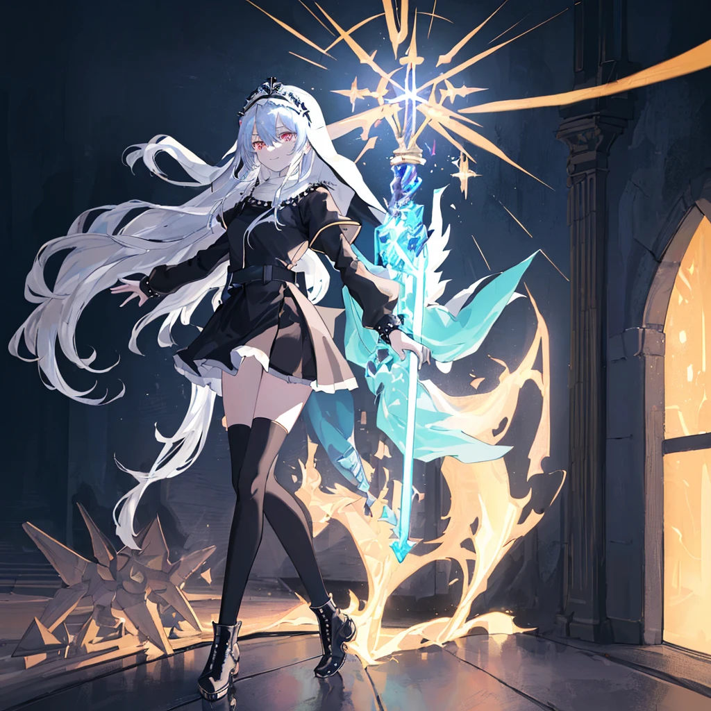 [(cathedral background:1.4)::5],Original,(Illustration:1.1),(Best Quality),(masutepiece:1.1),(the Extremely Detailed CG Unity 8K Wallpapers:1.1), (Colorful:0.9),(mid-shot:0.95),(Full body:1.5),Dynamic Angle,(Solo:1.2), (girl),(((Adult))), (Detailed beautiful eyes:1.15), (Beautiful face:1.15), (Glowing black eyes:1.25////),(Blue Long Hair),(nun headdress),(+perfect hand+:1.21),(Draw an illustration of a Holy Knight Wizard),(Religious),(slender),(she has boots on her feet),((I'm wearing black knee-high socks)),Smile,(Ruffled miniskirt with metal embellishments),beautiful slender adult,((theater background)),