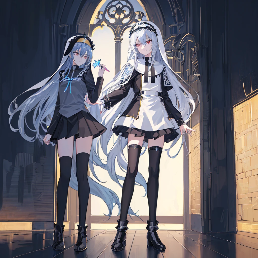 [(cathedral background:1.4)::5],Original,(Illustration:1.1),(Best Quality),(masutepiece:1.1),(the Extremely Detailed CG Unity 8K Wallpapers:1.1), (Colorful:0.9),(mid-shot:0.95),(Full body:1.5),Dynamic Angle,(Solo:1.2), (girl),(((Adult))), (Detailed beautiful eyes:1.15), (Beautiful face:1.15), (Glowing black eyes:1.25////),(Blue Long Hair),(nun headdress),(+perfect hand+:1.21),(Draw an illustration of a Holy Knight Wizard),(Religious),(slender),(she has boots on her feet),((I'm wearing black knee-high socks)),Smile,(Ruffled miniskirt with metal embellishments),beautiful slender adult,((theater background)),