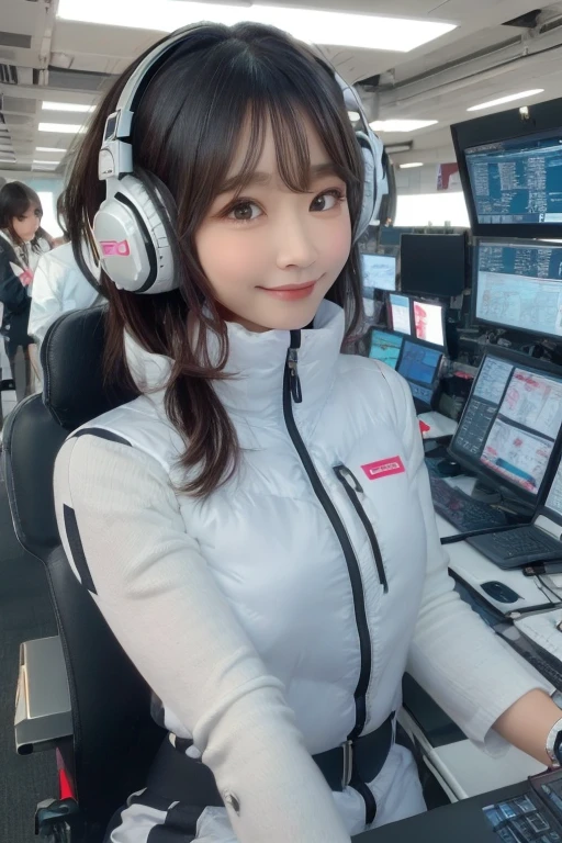 masterpiece, highest quality, Very detailed, 8K Portrait,Japanese Android Girl,plump , Control panel,Robotic arms and legs, Blunt bangs,,break (Metallic Gray, Metallic luster, Mirror finish, Astro Best):5,headphone:5,break (Black sleeves):100,Smart Watches,Futuristic space station,Control Room,break headphone,blue eyes,(Black Hair):2,(Long Hair):1.3,Displaying the viewer,(respirator),break blush:3,Hidden Hand,smile