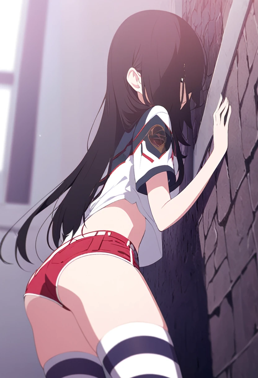  Black Hair, Long Hair, Cute Hips, , ,(Cotton shirt、hot pants、Striped thigh-high stockings), (Turn around and put your hands on the wall), Bend、BREAK Perfect Anatomy、highest quality、(cute:1.1)、(cute)、(High resolution:1.2)、Unbelievably absurd:1.3、Incredible illustrations、(cuteイラスト:1.2)、Beautiful background、(1 girl) 、solo)、(10th Generation、JK、、Small breasts:1.2)、slender、、、、Eye highlights、embarrassed、from below