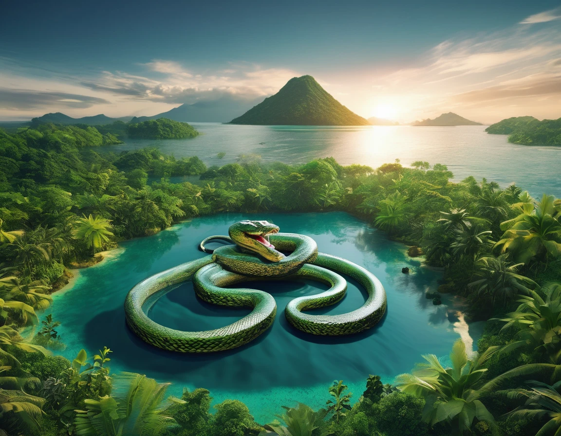 A giant snake is wrapped around an island, 8K, HD, (intricate details), surrounded by water, megalophobia, long distance photography