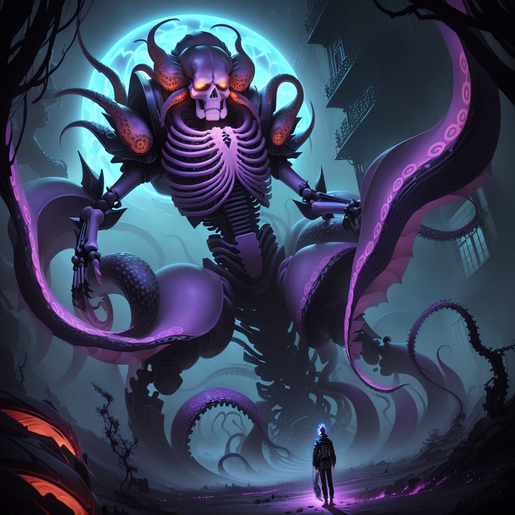 a person standing in front of a skeleton, fine details. anime. tentacles, nine tails, long shot jorogumo, spiky tentacles, pain from naruto, huge tentacles, his trunk is a huge tentacle, tentacles climb from the portal, tentacle beast, giant tentacles, tentacle monster,