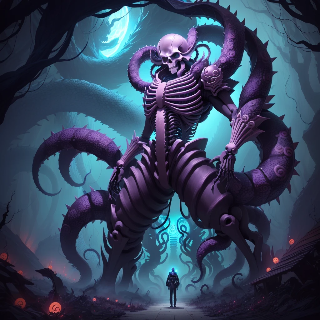 a person standing in front of a skeleton, fine details. anime. tentacles, nine tails, long shot jorogumo, spiky tentacles, pain from naruto, huge tentacles, his trunk is a huge tentacle, tentacles climb from the portal, tentacle beast, giant tentacles, tentacle monster,
