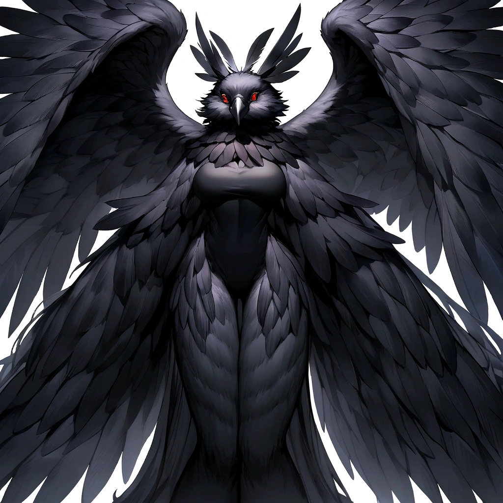 A woman with large bird wings with black feathers for arms, digitigrate bird legs (like those of a dog) and long, larger than the body itself. Her body are completely covered in black feathers, like a furry bird.