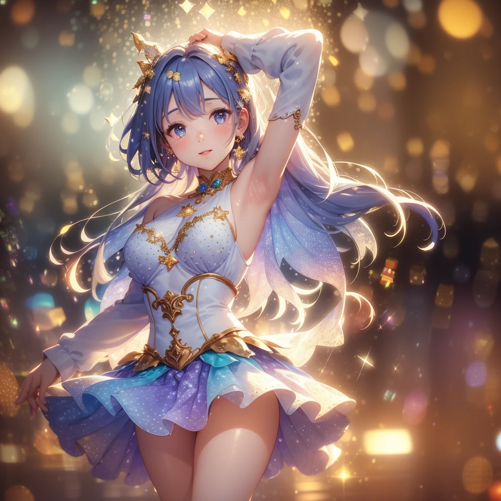 Colorful music stage, Beautiful idols, Idol costumes, Beautiful faces, Beautiful legs, Colorful colors, Detailed background, Beautiful singing voice, Fantastic atmosphere, High quality, 8K Ultra HD, 3D effect, Animation style digital illustration, Soft cartoon style, 3D effect, Luminism, 3D rendering, Octane Rendering, Isometric, Full Color, Delicate Anime Character Expressions, Whimsical Lighting, Captivating Atmosphere, Soft Textures, Imaginative Artwork, Mysterious Glow, Silent Luminescence, Sparkling Stars, Vivid Background, Full Length, (((Rule of Thirds))), High Quality Description: (Bokeh: 2), High Detail, High Resolution, (Bokeh: 2), Backlight, Long Exposure: 2, mini-skirt, Emphasis on the armpit and clavicle