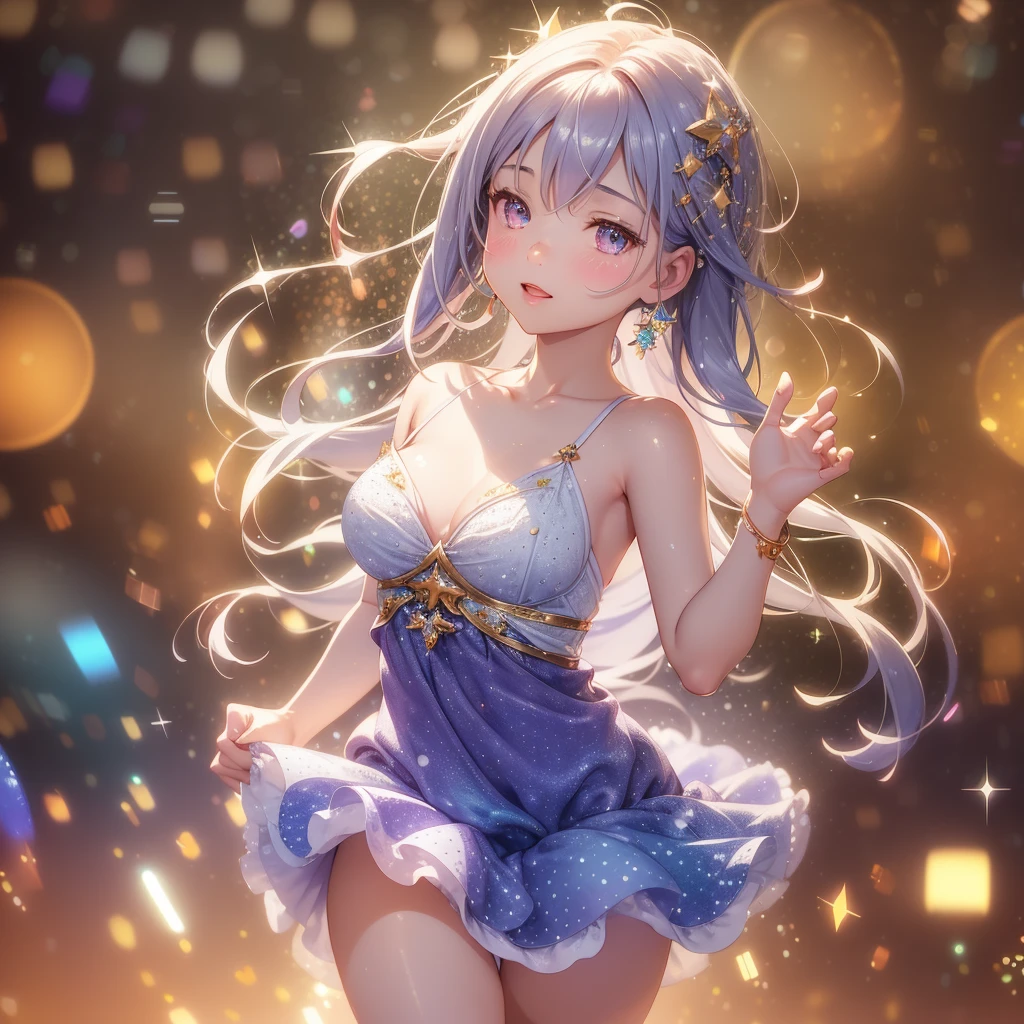 Colorful music stage, Beautiful idols, Idol costumes, Beautiful faces, Beautiful legs, Colorful colors, Detailed background, Beautiful singing voice, Fantastic atmosphere, High quality, 8K Ultra HD, 3D effect, Animation style digital illustration, Soft cartoon style, 3D effect, Luminism, 3D rendering, Octane Rendering, Isometric, Full Color, Delicate Anime Character Expressions, Whimsical Lighting, Captivating Atmosphere, Soft Textures, Imaginative Artwork, Mysterious Glow, Silent Luminescence, Sparkling Stars, Vivid Background, Full Length, (((Rule of Thirds))), High Quality Description: (Bokeh: 2), High Detail, High Resolution, (Bokeh: 2), Backlight, Long Exposure: 2, mini-skirt, Emphasis on the armpit and clavicle