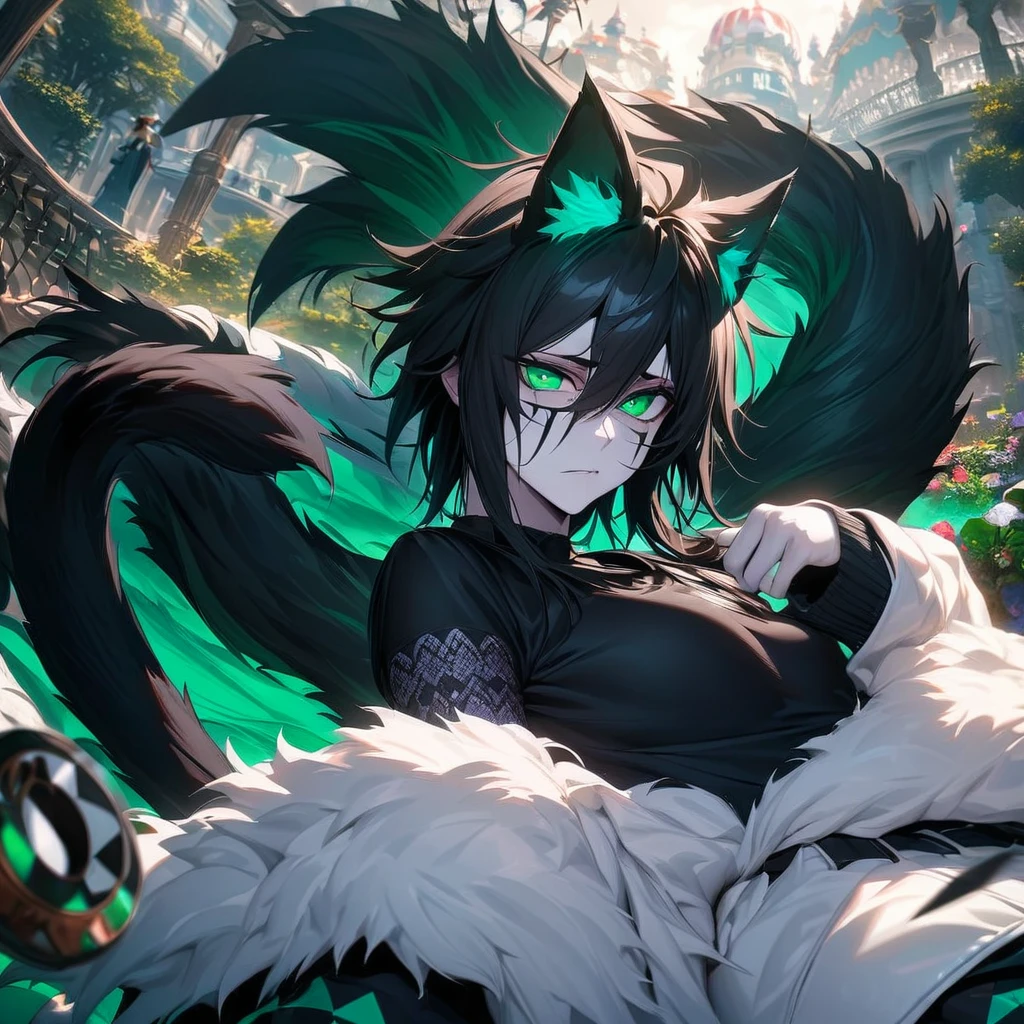 absurd, high definition, ultra detailed, HDR, masterpiece, extremely detailed face and eyes, perfect face, Ulquiorra Cifer, black hair, hair between eyes, expressive green eyes, pale skin, cat ears, big bushy tail, Bleach, solo, sexy man , handsome, white coat, tight black shirt, patterns, in wonderland, watch