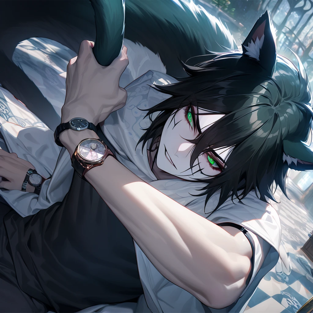 absurd, high definition, ultra detailed, HDR, masterpiece, extremely detailed face and eyes, perfect face, Ulquiorra Cifer, black hair, hair between eyes, expressive green eyes, pale skin, cat ears, big bushy tail, Bleach, solo, sexy man , handsome, white coat, tight black shirt, patterns, in wonderland, watch