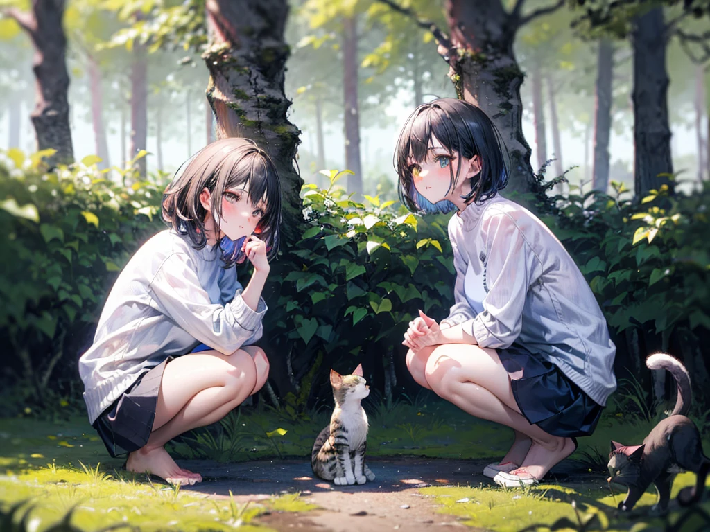 (Best quality, 8k, 32k, Masterpiece, UHD,:1.2),RAW, 1girl,ultra cute , natural lighting,transparent shining eyes, 20yo,medium breast ,fair complexion ,flushed face, dynamic angle, short hair, White sweater, squatting near windows, ((Big Norwegian Forest Cat at her foot)), Big Cat, Playing with Cat, fun, from side, Looking at cat
