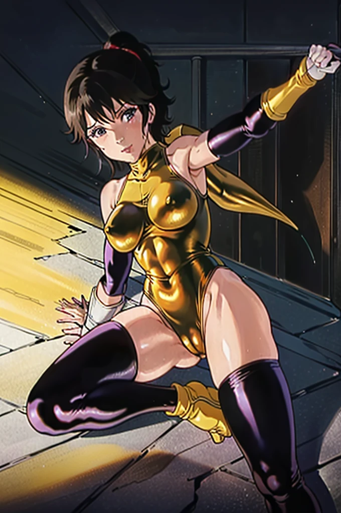 Rui Kisugi. (luster)(shiny)black latex leotard. Ahegao. camel toe:1.4、erect nipples、(Sweat)、(vapor)、(((long gloves:1.3)))、brown loafers、black calf length socks、Open your thighs wide to the left and right、squatting、Squat on the ground、show off your crotch to the viewer, ((enamel bondage:1.3、squat, spread your legs:1.3, arm behind head ))、、absurd、flat lighting、elevation angle、sexy pose、highest quality、Complex、surreal、perspective, very detailed, detailed background, shape、1 girl、alone、big breasts、light smile, embarrassing, blush, ((mechanical background)),