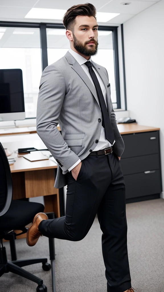 A sexy british male model, with gorgeous face and stylish black hair and short beard wearing a suit, homoerotic, nsfw,in office, ass