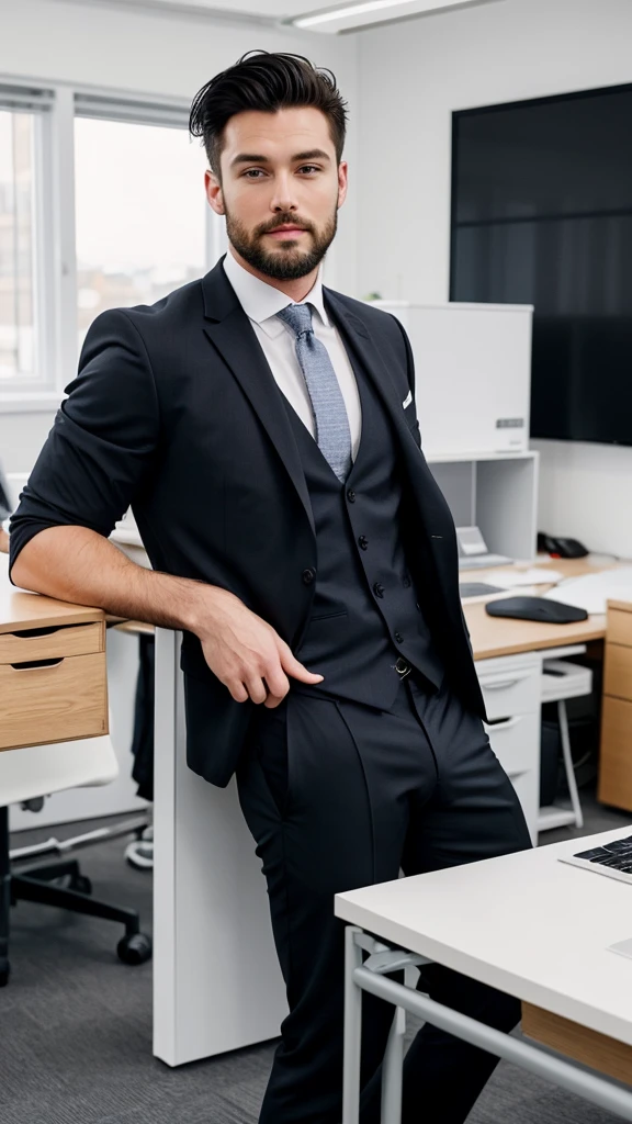 A sexy british male model, with gorgeous face and stylish black hair and short beard wearing a suit, homoerotic, nsfw,in office, ass