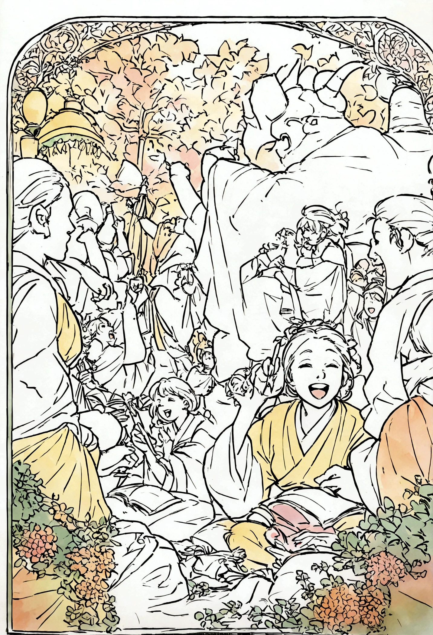 Book page coloring art, All-white background, Use only outlines, line art, coloring book, Clean line art, For coloring Simple and clean line art, coloring book page, With a brush of Alphonse Mucha, perfect detail. A joyous indian festival scene, like Diwali, with people celebrating.