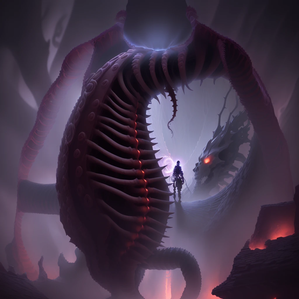 a close up of a person standing in front of a skeleton, fine details. anime. tentacles, nine tails, long shot jorogumo, spiky tentacles, pain from naruto, huge tentacles, his trunk is a huge tentacle, tentacles climb from the portal, tentacle beast, giant tentacles, tentacle monster