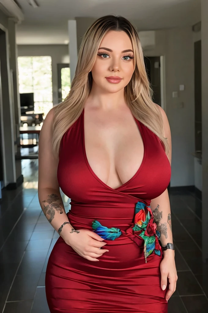 (best quality, ultra-detailed, realistic:1.37),portrait,voluptuous woman,flower,tight dress,passionate look,large buttocks,vibrant colors,soft lighting