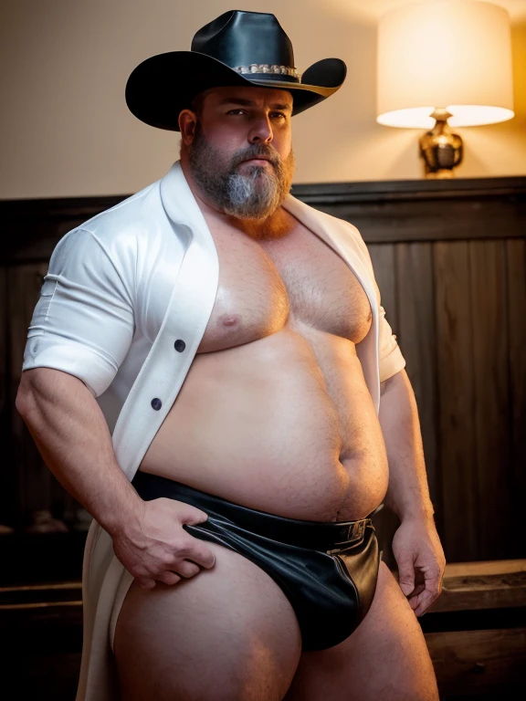 He is holding his hat with both hands, Only plump, chubby, extremely thick thighs, large belly, fat, masutepiece,High quality,Highly detailed,intense scene, solid, Gritty reality setting for 50 year old sexy fat bearded man,full of sweat,Full body,Big belly,((Wearing bathrobe , meias brancas, a white shirt and white trunks)),Stunned face,Open the legs,In the darkness, Varied Camera Angles in Photography.    with a black cowboy hat, naked, vintage posing, full body, black bootstraps and lace underwear, various poses, HD 8k high quality, gay, black leather gloves on hands.(from the front), cowboy shot, n as a sheriff of a small town, (wearing sheriff uniform and badge), cattleman hat, bearded, beige vest, serious facial expression, (still from a movie), tense, dramatic, atmospheric, cinematic, (looking away),
(masterpiece), top quality, photorealistic, hyperrealism, absurdres, tack sharp, subsurface scattering, 8k, HDR, 35mm, professional photography, RAW,