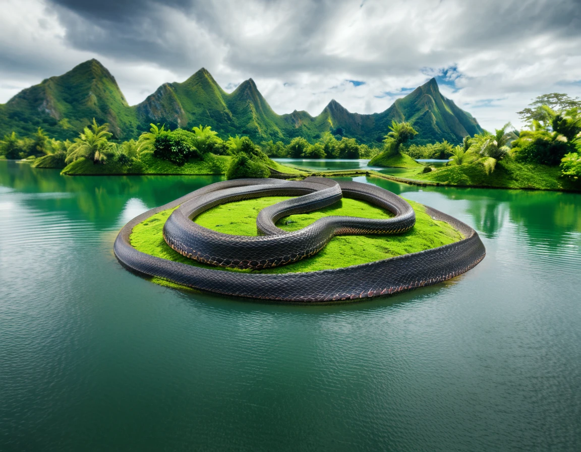 A giant snake is wrapped around an island, 8K, HD, (intricate details), surrounded by water, megalophobia, long distance photography