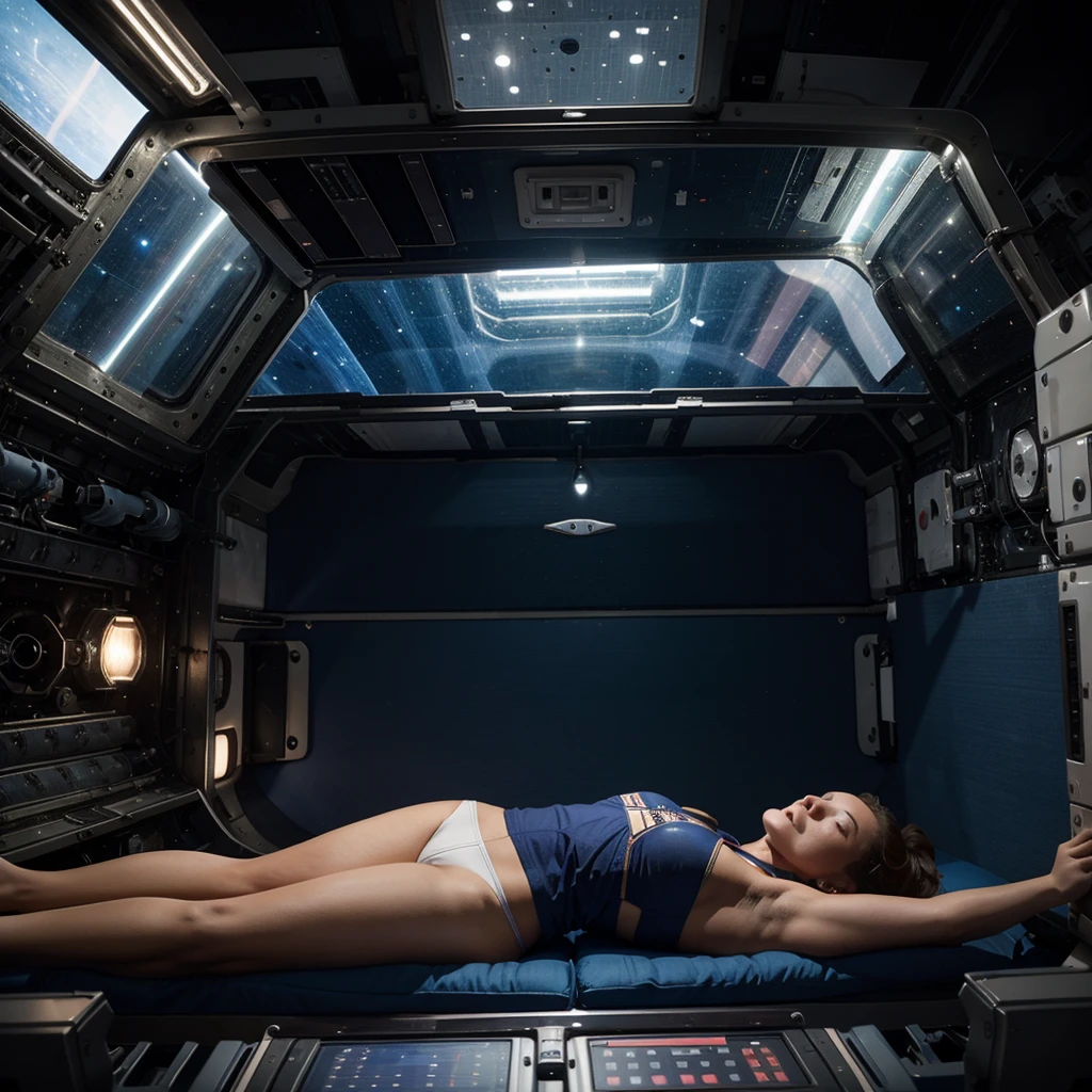 a young woman in a space station in space. muscular and well-built lying on her side
