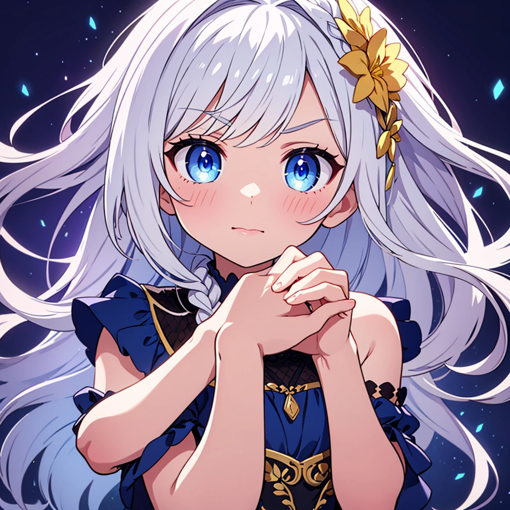 BREAK long white-silver hair, braid, side bangs, hair ornament, flower hair clip, blue eyes, thin lips, small , thin thighs
BREAK casual dress, gold ring, sleeveless dress, dark blue dress
BREAK looking at viewer, upper body, blush, slightly annoyed face
BREAK (masterpiece:1.2), best quality, high resolution, unity 8k wallpaper, (illustration:0.8), (beautiful detailed eyes:1.6), extremely detailed face, perfect lighting, extremely detailed CG, (perfect hands, perfect ???????)