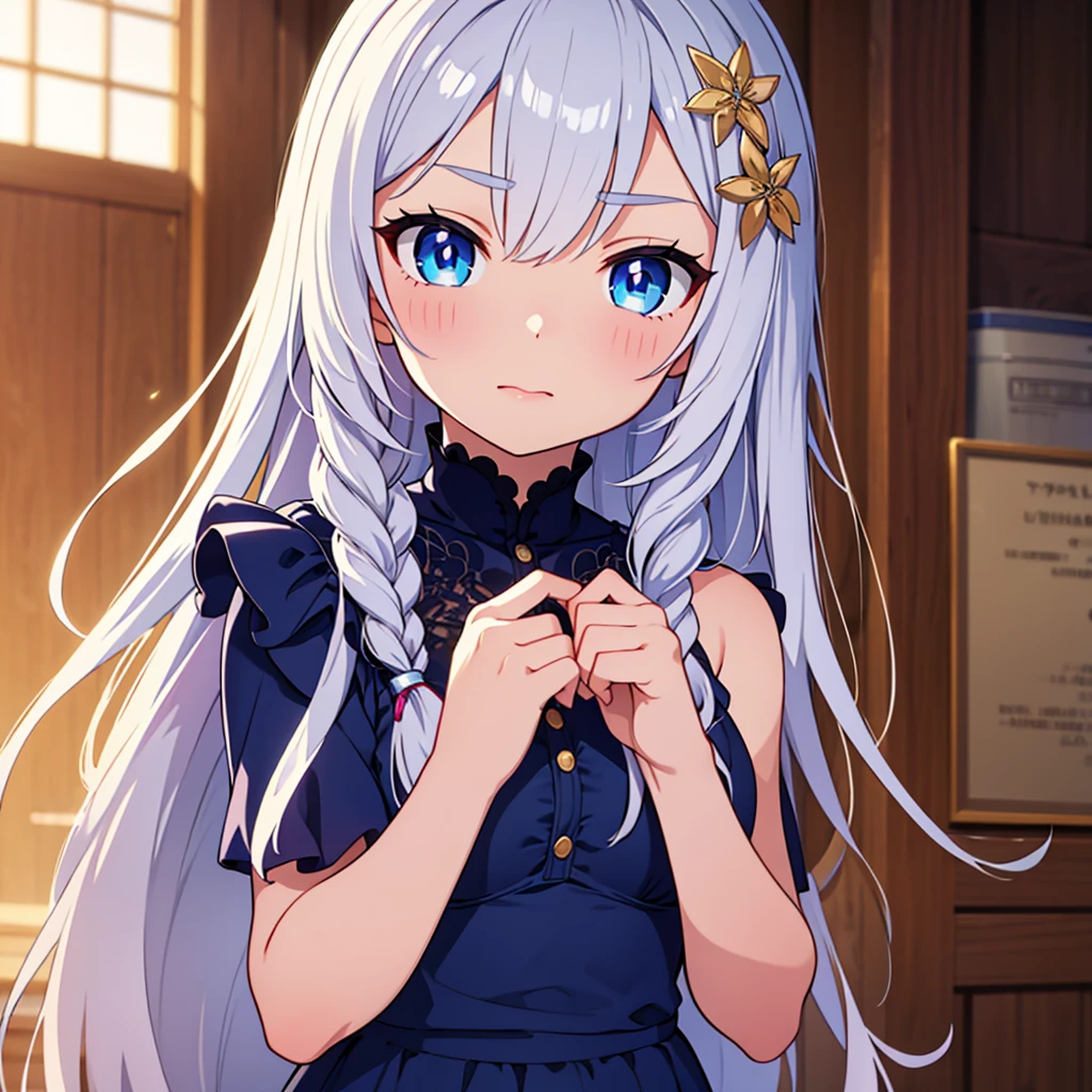 BREAK long white-silver hair, braid, side bangs, hair ornament, flower hair clip, blue eyes, thin lips, small , thin thighs
BREAK casual dress, gold ring, sleeveless dress, dark blue dress
BREAK looking at viewer, upper body, blush, slightly annoyed face
BREAK (masterpiece:1.2), best quality, high resolution, unity 8k wallpaper, (illustration:0.8), (beautiful detailed eyes:1.6), extremely detailed face, perfect lighting, extremely detailed CG, (perfect hands, perfect anatomy)