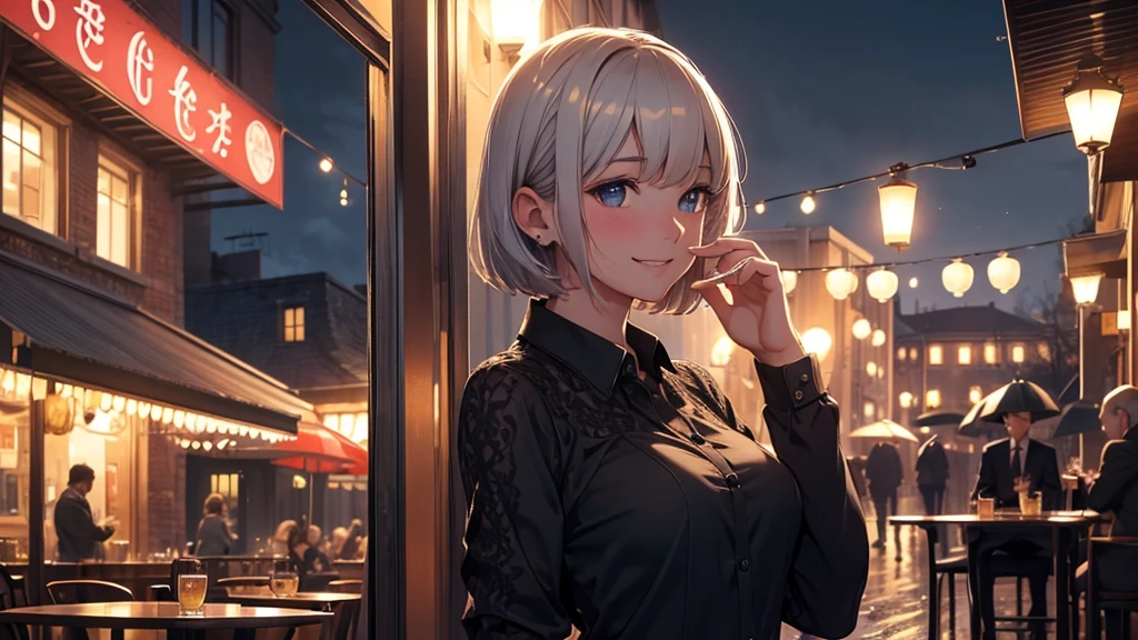 (8k, Best Quality, Masterpiece: 1.2), (Realistic, Photorealistic: 1.37), Super Detailed, 1 young man, Cute, Alone, Beautiful Detailed Sky, Detailed Cafe, Night, Sitting, Date, ( Nose blush), (smile: 1.15), (close mouth) small breasts, beautiful details, (collared shirt: 1.1), night, wet, business wear, rain, white lace, (short hair: 1.2), floating Hair NovaFrogStyle,