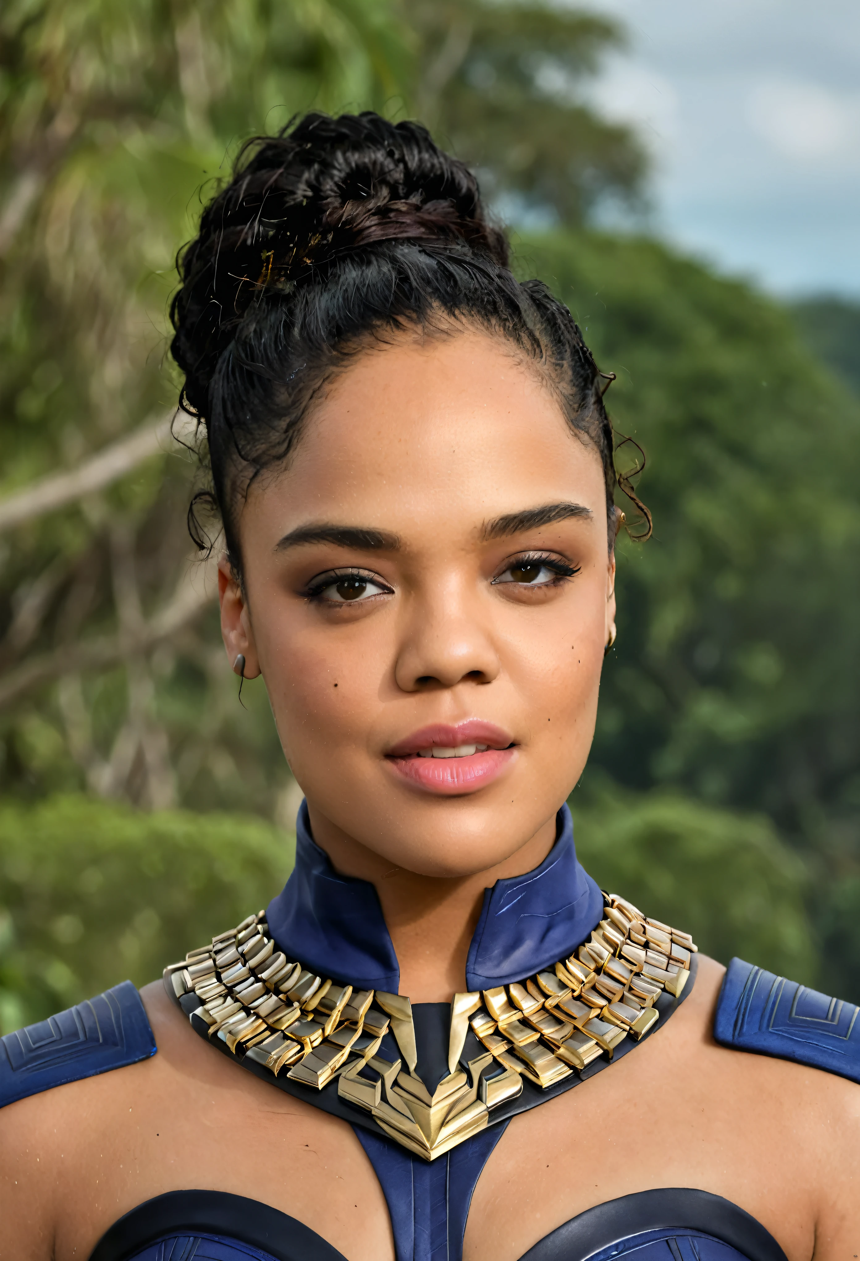 Extremely gorgeous woman Tessa Thompson AS A WAKANDAN WARRIOR, DETAILS, GOOD SKIN, highly detailed, skin pores, sharp focus, amazing details,