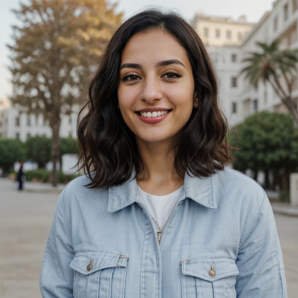 one cute women, 29YO, white, Arab, cute face, realistic brown eyes, blue jacket, black hair, cute smile, skinny face, white realistic teethes, big eyes, short wavy hair