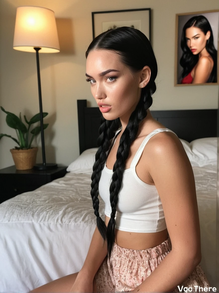 a realistic instagram photo of a [ really beautiful exotic androgynous supermodel 19 year old woman] , with [long, dark hair in sleek braids] , looks like [Megan FOX] and [Adriana Lima], light makeup, looking [innocent, cute, flushed] , bed room [light] skin --ar 9:16 --stylize 750 --v 6