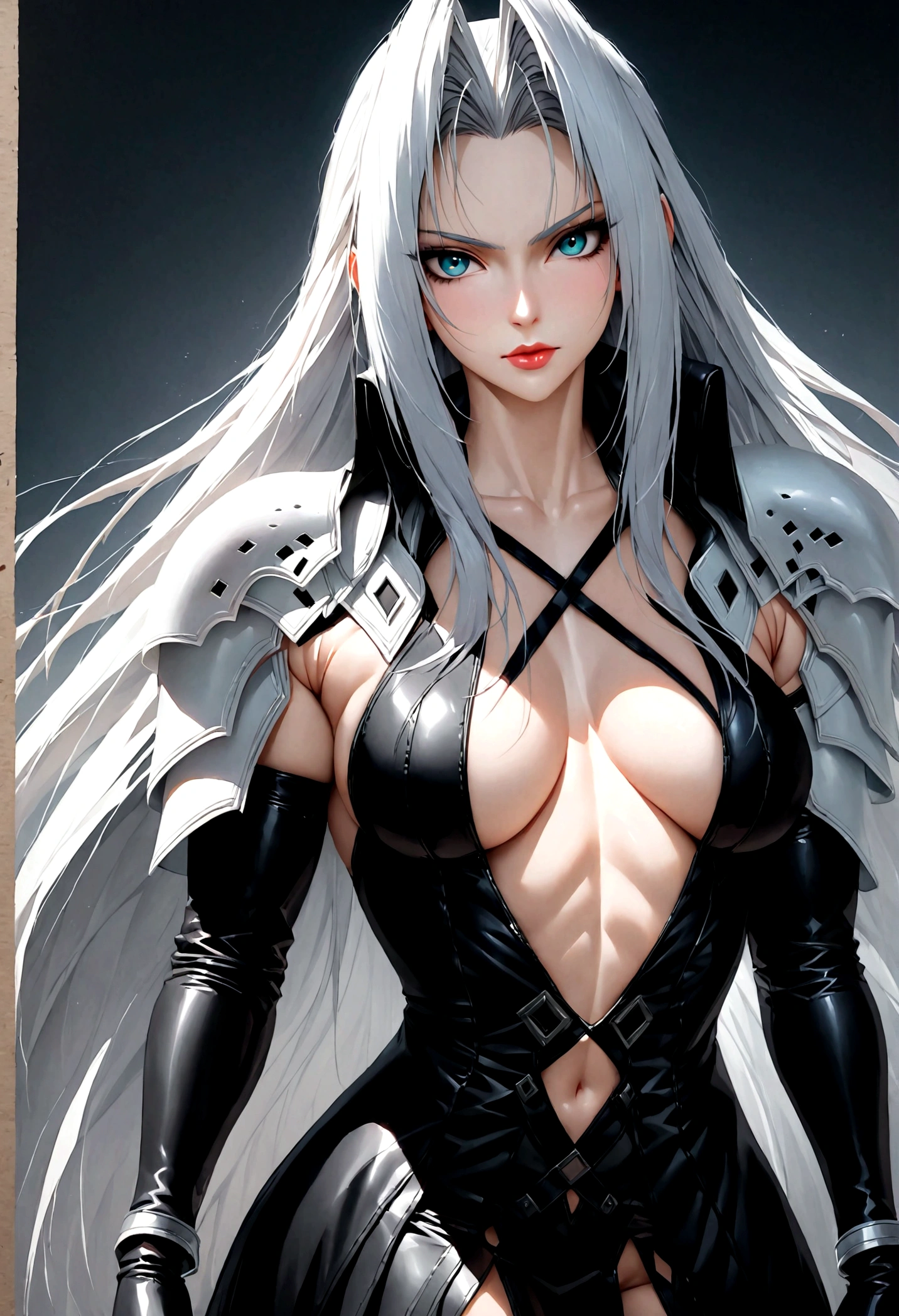 Hyper photo realistic picture perfect female sephiroth, larg voluptuous chest,