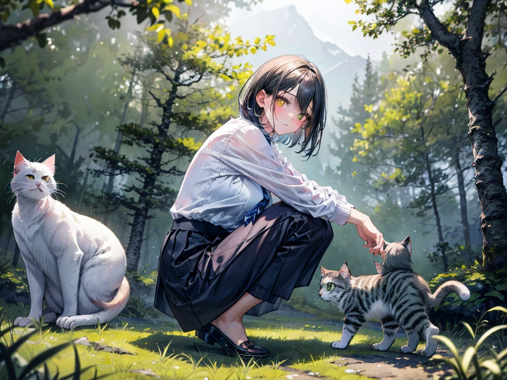 (Best quality, 8k, 32k, Masterpiece, UHD,:1.2),RAW, 1girl,ultra cute , natural lighting,transparent shining eyes, 20yo,medium breast ,fair complexion ,flushed face, dynamic angle, short hair, White sweater, squatting near windows, ((Big Norwegian Forest Cat at her foot)), Big Cat, Playing with Cat, fun, from side, Looking at cat