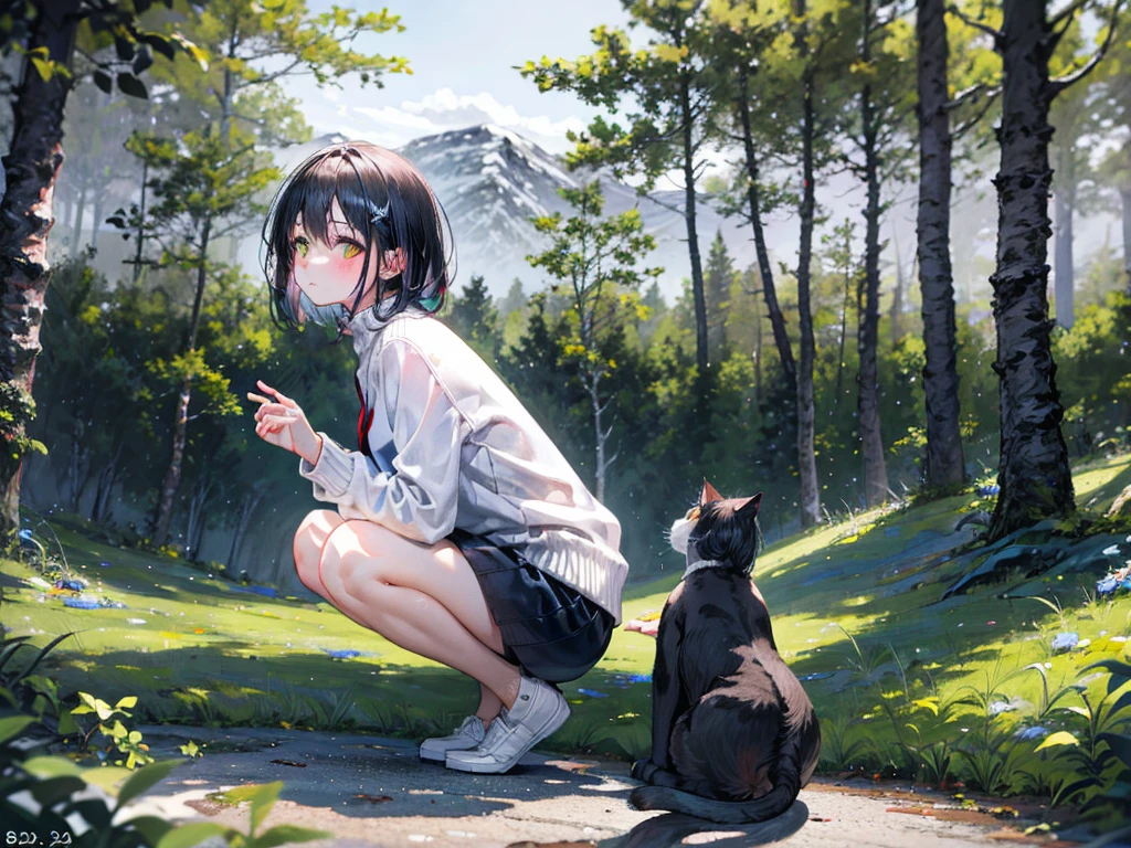 (Best quality, 8k, 32k, Masterpiece, UHD,:1.2),RAW, 1girl,ultra cute , natural lighting,transparent shining eyes, 20yo,medium breast ,fair complexion ,flushed face, dynamic angle, short hair, White sweater, squatting near windows, ((Big Norwegian Forest Cat at her foot)), Big Cat, Playing with Cat, fun, from side, Looking at cat