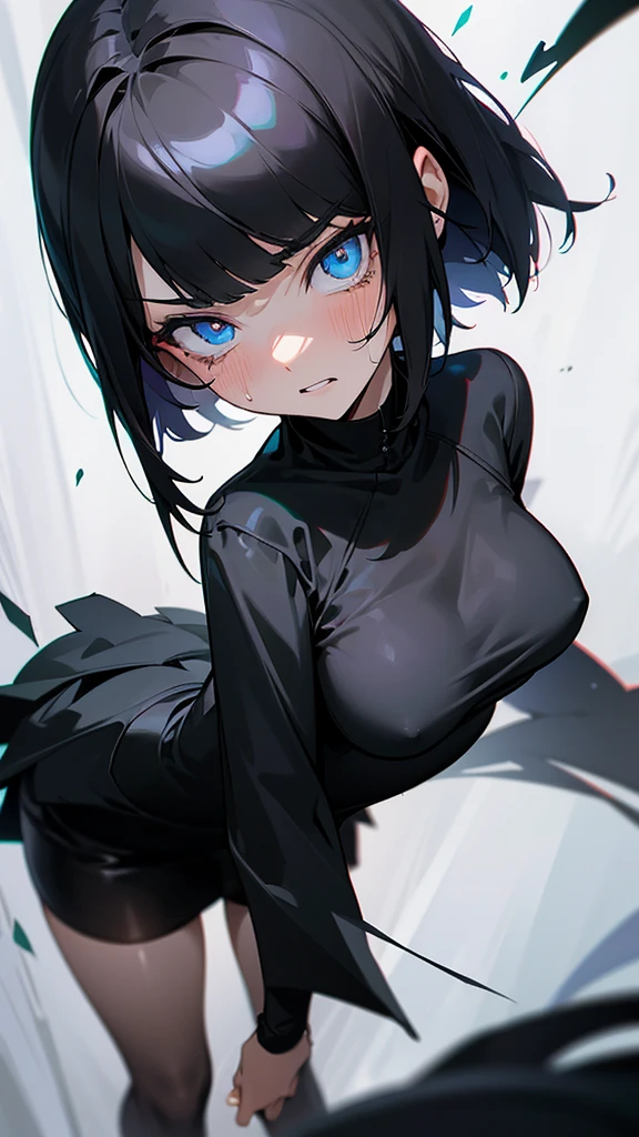 ((Best Quality)), ((Masterpiece)), (Detailed), Girl with short black hair, with straight bangs, blue eyes, the pupils of his eyes look at you strongly, tall and slender, very beautiful and feminine features, with loose black clothing, wearing shorts with long black stockings, short hair, nice breasts, with a too short miniskirt, with a scared expression and crying in pain for losing her virginity, she feels alone and has no help but also a sexualized expression, just woke up