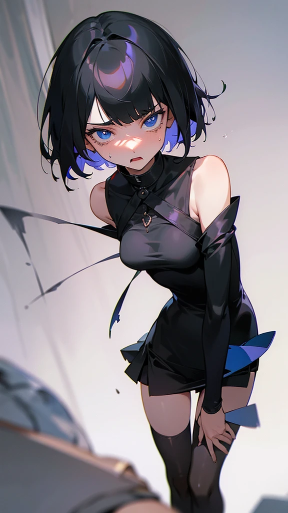 ((Best Quality)), ((Masterpiece)), (Detailed), Girl with short black hair, with straight bangs, blue eyes, the pupils of his eyes look at you strongly, tall and slender, very beautiful and feminine features, with loose black clothing, wearing shorts with long black stockings, short hair, nice breasts, with a too short miniskirt, with a scared expression and crying in pain for losing her virginity, she feels alone and has no help but also a sexualized expression, just woke up