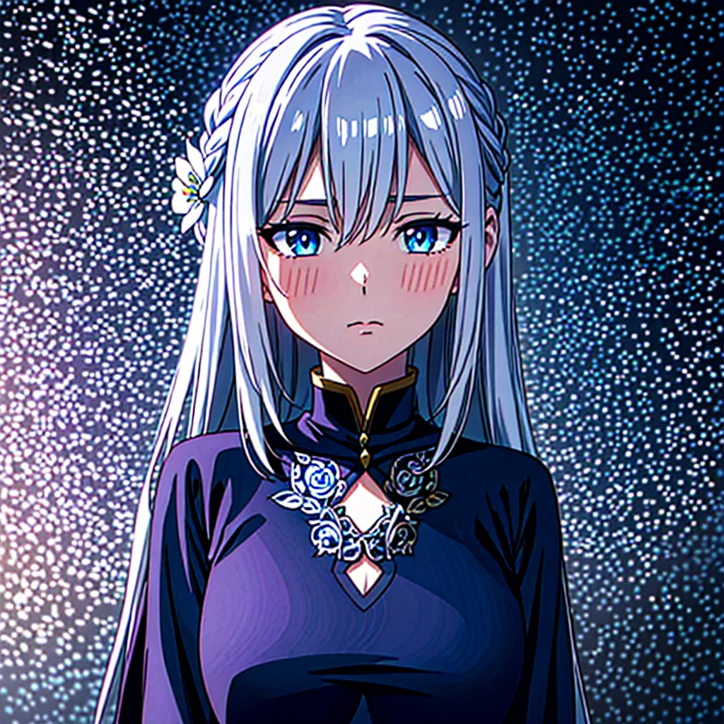BREAK long white-silver hair, braid, side bangs, hair ornament, flower hair clip, blue eyes, thin lips, small boobs, thin thighs
BREAK casual dress, gold ring, sleeveless dress, dark blue dress
BREAK looking at viewer, upper body, blush, slightly annoyed face
BREAK (masterpiece:1.2), best quality, high resolution, unity 8k wallpaper, (illustration:0.8), (beautiful detailed eyes:1.6), extremely detailed face, perfect lighting, extremely detailed CG, (perfect hands, perfect anatomy)