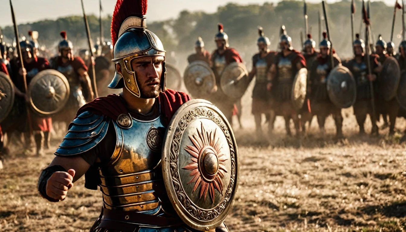 An inspiring cinematic photo of a 30-year-old young man dressed as a Roman soldier, personifying the ancient Roman Empire. His intricate metallic armor shines in the sunlight, adorned with symbols of Roman power and victory.  He holds A ROMAN EMPIRE RECTANGULAR MODEL shield, HIS determination IS fierce, in a duel against a fierce enemy. The background depicts a chaotic battle with the Gauls, revealing a distant city and the emblem of the 15th Legion of the Roman Army. The atmosphere is rich with historical authenticity, intense drama, and the weight of life-and-death stakes., photo, cinematic