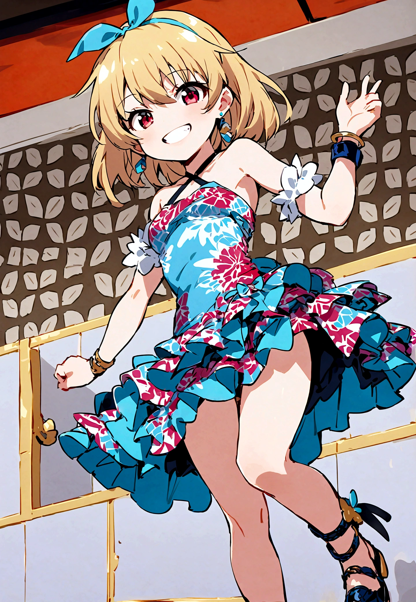 (Houjou_Satoko), 1girl, solo, chibi, (Blonde Hair), Red eyes, short hair, hair band, Small breasts, I&#39;m 11 years old, looking at viewer, smile, dress, holding, bare shoulders, jewelry, standing, earrings, grin, bracelet, cosplay, blue dress, halterneck,