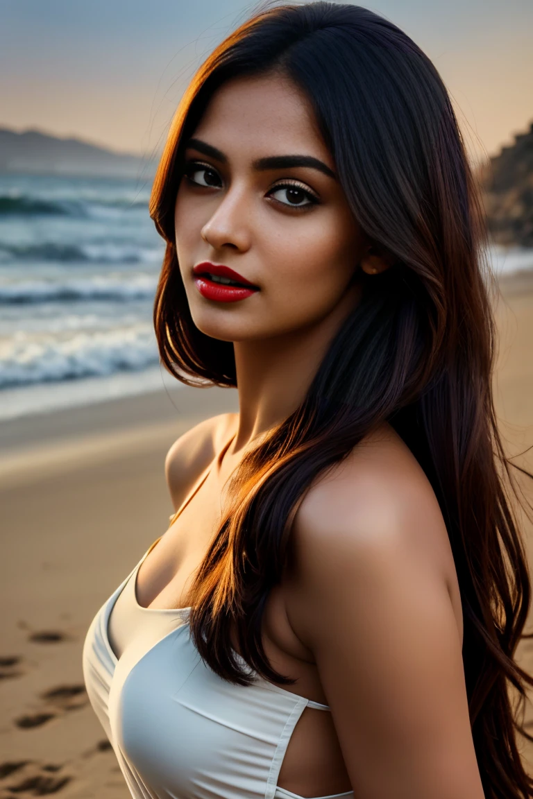 Ultra realistic cinematic soft light and ultra detailed red hour portrait,1girl in, 19, Solo, Long hair, Colossal , Looking at Viewer, black hair, Bare shoulders, Brown eyes, Full body, off shoulders, saree, Realistic, A sexy, 4K, max quality, small breasts, super sharp image, 8K, beautiful pose, playboy model, photo session, red lips, headshot, masterpiece, sex bomb, kashmiri, detailed body, Egyptian dress, chewing lips, highly detailed, seducing, seductive,face only, perfect lightening, white skin, good bright lightening, beach , dancing