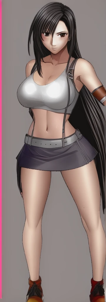 Tifa, with her big breasts and beautiful legs, is standing in a miniskirt and navel-baring outfit that emphasizes her breasts.。